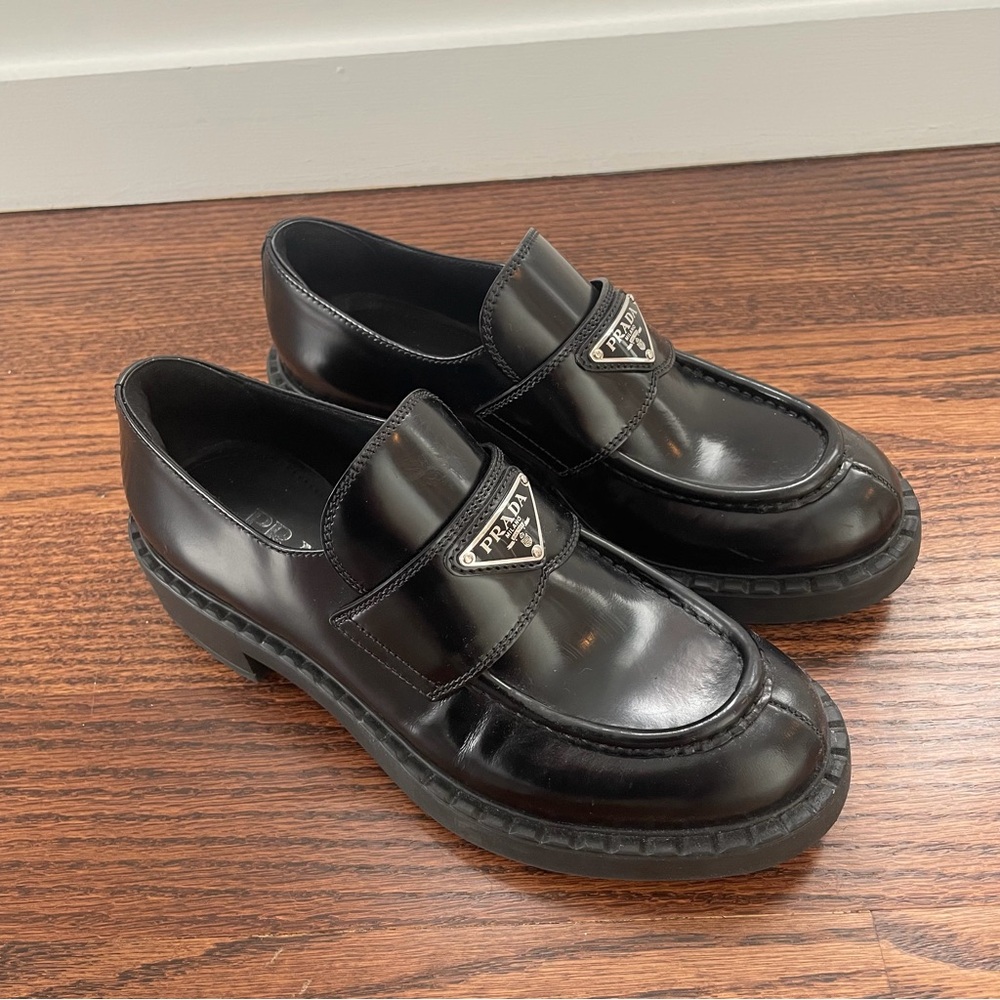 Prada Women’s Black Leather Logo Loafers - Picture 2 of 7